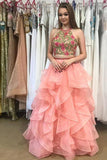 Tulle Two Piece Halter Open Back Prom Dresses with Appliques Sleeveless Formal Gowns