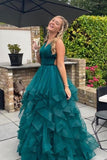 Tulle V Neck A Line Prom Dresses With Ruffles