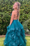 Tulle V Neck A Line Prom Dresses With Ruffles Rjerdress