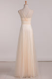 Tulle V Neck Bridesmaid Dresses A Line With Ruffles Floor Length Rjerdress