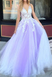 Tulle V Neck Lavender Prom Dresses With 3D Floral Appliques Princess Evening Dresses
