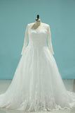 Tulle V Neck Long Sleeves Bridal Dresses A Line With Applique