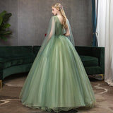 Tulle V-neck Lace Up Prom Dresses With Applique Ball Gown Quinceanera Dresses Rjerdress