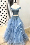 Two Piece A Line Blue Lace Off the Shoulder Tulle Prom Dresses With  Ruffled Beaded Rjerdress