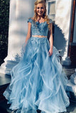 Two Piece A Line Blue Lace Off the Shoulder Tulle Prom Dresses With  Ruffled Beaded