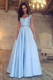 Two Piece A Line Blue Satin Sweetheart Prom Dresses Cheap Floor Length Evening Dresses