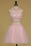 Two-Piece A Line Halter Tulle With Applique Short/Mini Hoco Dresses