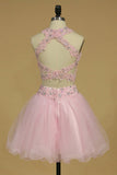 Two-Piece A Line Halter Tulle With Applique Short/Mini Hoco Dresses Rjerdress