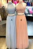 Two Piece A-Line High-Neck Sleeveless Tulle Formal Prom Dresses Rjerdress