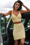 Two-Piece A Line Lace Homecoming Dresses Spaghetti Straps Beaded Waistline Rjerdress