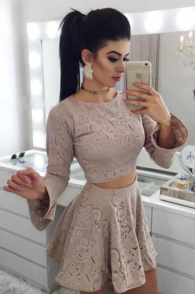 Two Piece A-Line Long Sleeves Lace Short Homecoming Dress Rjerdress