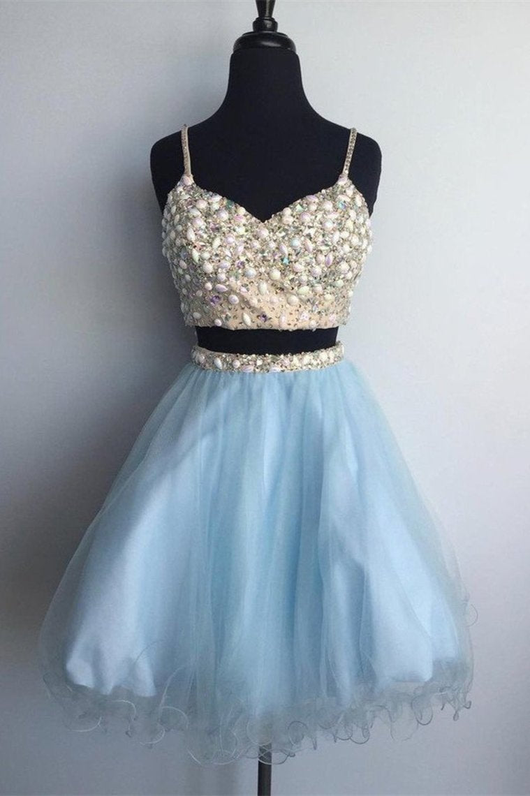 Two Piece A-Line Spaghetti Strap Mini Tulle Short Homecoming Dresses Rjerdress