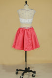 Two-Piece Bateau Hoco Dresses A Line Satin With Beads Short/Mini Rjerdress