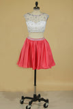 Two-Piece Bateau Hoco Dresses A Line Satin With Beads Short/Mini