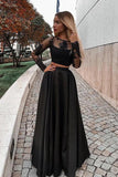 Two Piece Black Long Sleeve Scoop Jewel Appliques Prom Dresses with Satin RJS683