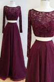 Two Piece Burgundy Bateau Long Sleeves Floor-Length Prom Dress with Lace Beading RJS607