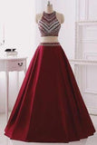Two Piece Burgundy Glitter Halter Sleeveless Sparkly Prom Dresses For Teens RJS142