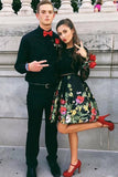 Two Piece Crew Open Back Above-Knee Black Printed Homecoming Dress with Pockets RJS659 Rjerdress