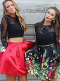 Two Piece Crew Open Back Above-Knee Black Printed Homecoming Dress with Pockets RJS659
