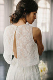 Two Piece Crew Sleeveless Sweep Train Open Back Ivory Lace Cheap Wedding Dresses Rjerdress