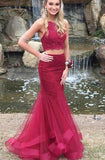 Two Piece  Crew Sweep Train Tulle Prom Dresses Beaded Formal Gowns Evening Dress Rjerdress