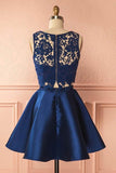 Two Piece Dark Blue Satin Cute Short A-Line Homecoming Dress with Lace Appliques RJS130