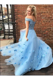 Two Piece Floor Length Tulle Prom Dress With Lace, Long Off The Shoulder Dress With Flower Rjerdress