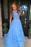 Two Piece Floor Length Tulle Prom Dress With Lace, Long Off The Shoulder Dress With Flower