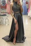 Two Piece Gray Beading Long A-Line Front Split Elegant Prom Dresses For Teens