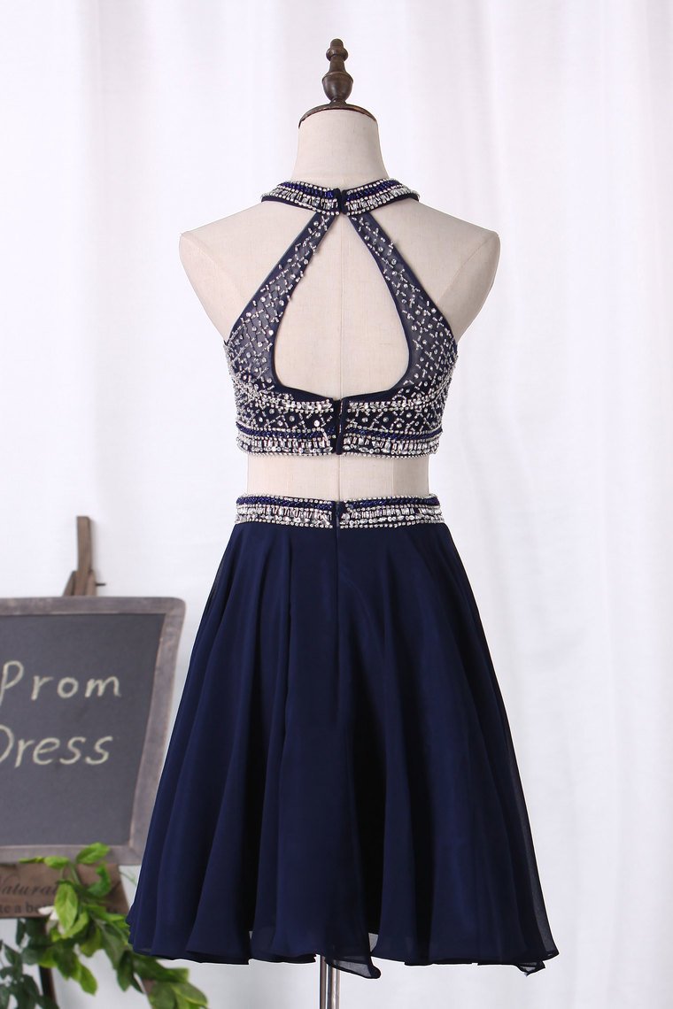 Two-Piece Halter Beaded Bodice Hoco Dresses A Line Open Back Chiffon Rjerdress
