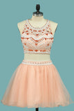 Two-Piece Halter Hoco Dresses Beaded Bodice Tulle Short/Mini