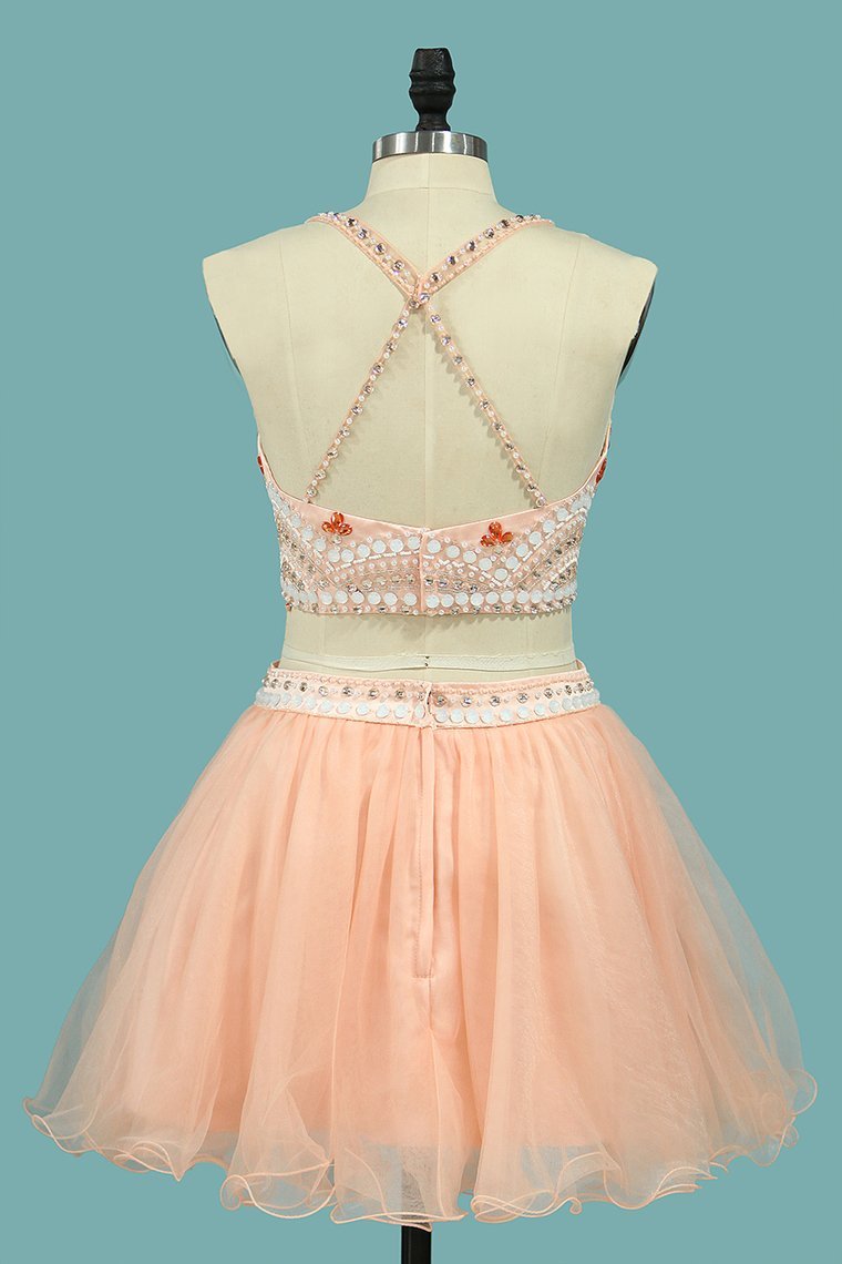 Two-Piece Halter Hoco Dresses Beaded Bodice Tulle Short/Mini Rjerdress