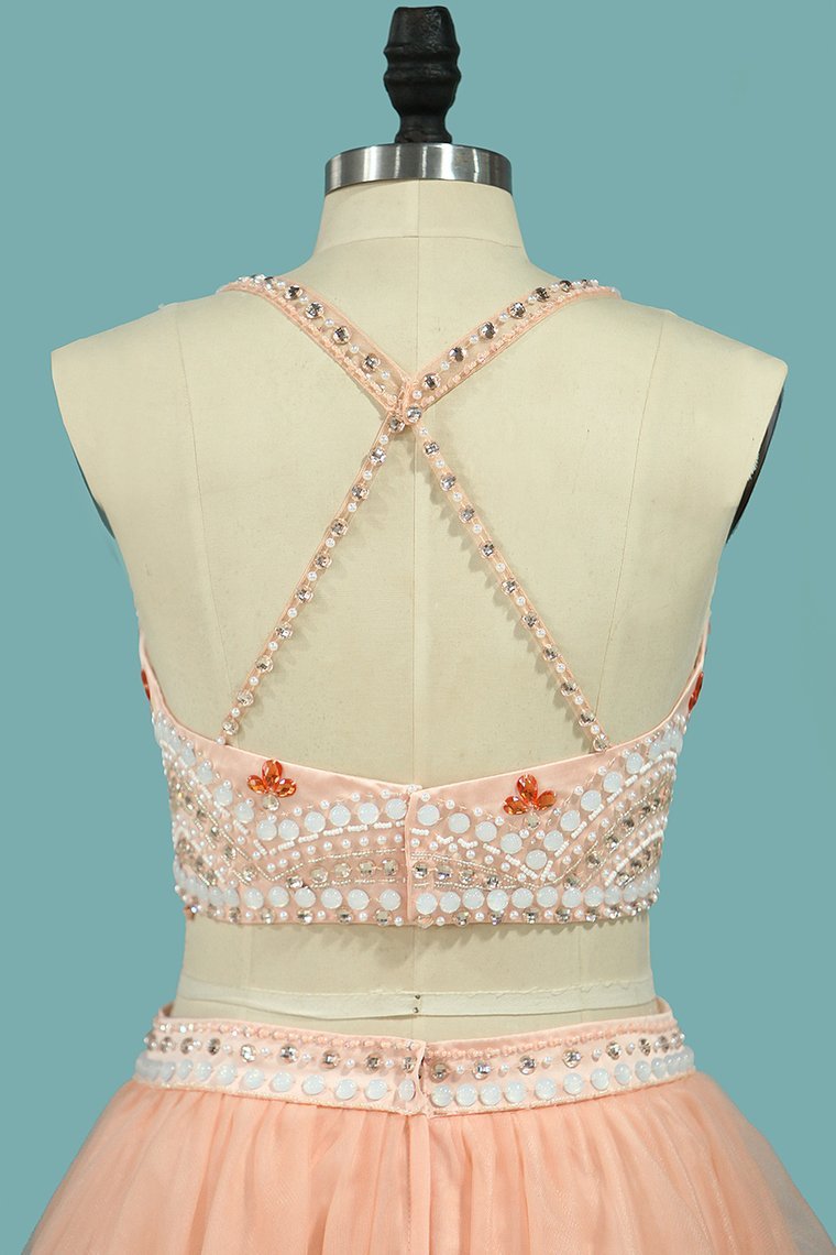 Two-Piece Halter Hoco Dresses Beaded Bodice Tulle Short/Mini Rjerdress