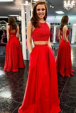 Two Piece Halter Long Hot Sale Beading Red Prom Dresses Rjerdress