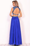 Two-Piece High Neck Beaded Bodice A Line Chiffon Formal Dresses Rjerdress