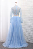 Two-Piece High Neck Evening Dresses Tulle & Lace With Slit A Line Rjerdress