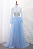 Two-Piece High Neck Evening Dresses Tulle & Lace With Slit A Line Rjerdress