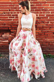 Two Piece High Neck Floral Long Lace A Line Sleeveless Graduation Prom Dresses UK RJS571 Rjerdress