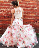 Two Piece High Neck Floral Long Lace A Line Sleeveless Graduation Prom Dresses UK RJS571 Rjerdress