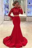 Two-Piece High Neck Long Sleeves Satin With Applique Mermaid Prom Dresses Rjerdress
