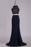 Two-Piece High Neck Open Back Sheath Party Dresses Spandex With Beads And Applique Rjerdress