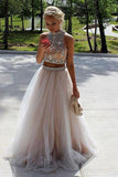 Two Piece High Neck Open Back Tulle Sequins Sleeveless Floor-Length Wedding Guest Dresses RJS394