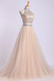 Two-Piece High Neck Prom Dresses A Line Tulle With Beading Rjerdress