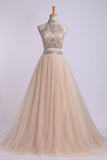 Two-Piece High Neck Prom Dresses A Line Tulle With Beading Rjerdress