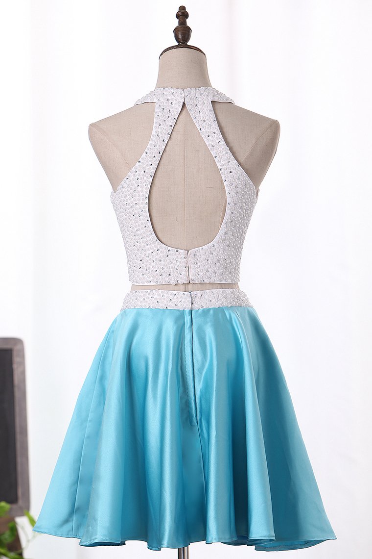Two-Piece Hoco Dresses Halter A Line Short/Mini Satin With Beads Rjerdress