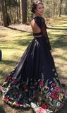Two Piece Lace Floral Print Black Sexy Open Back Long Sleeve High Neck Prom Dresses Rjerdress