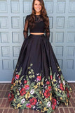 Two Piece Lace Floral Print Black Sexy Open Back Long Sleeve High Neck Prom Dresses Rjerdress