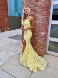 Two Piece Lace Mermaid Light Yellow Peach Long Sexy Sleeveless Prom Dresses RJS962