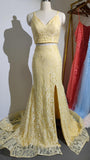Two Piece Lace Mermaid Light Yellow Peach Long Sexy Sleeveless Prom Dresses RJS962 Rjerdress