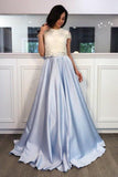Two Piece Lace & Satin Scoop Neck Cap Sleeves Long Prom Dresses Rjerdress